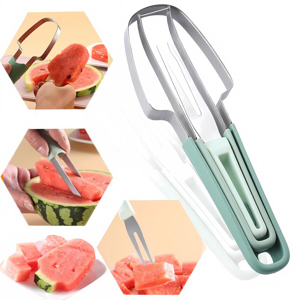 FMOYSIEN 3-in-1 Watermelon Cutter Slicer Tool,Stainless Steel Watermelon Cutter Watermelon Popsicle Cutter Mold Watermelon Fork Fruit Cutter Tool for Kitchen Utility Gadgets