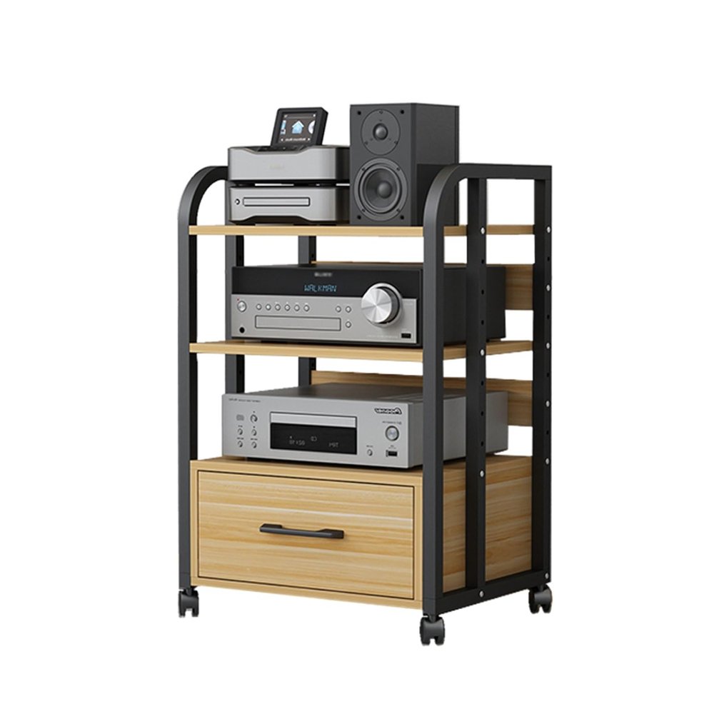 Movable 3 Tier Audio/Video Component Media Stand DVD CD Player Stand Stereo Cabinet Audio Rack with Height Adjustable Wooden Shelves and Drawer for Home/Office/Theater, 50x40x79cm