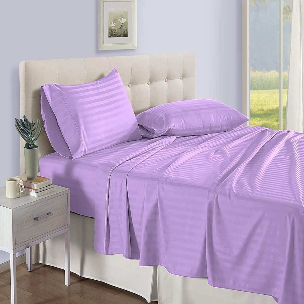 OnlineChoiceSheet 1 Piece Striped Flat Sheet Luxury Hotel Quality 1000 Threads Count, 100% Egyptian Cotton - Size Oversized (132 X 110) Wrinkle-Free - Easy Care -Stripe Lilac