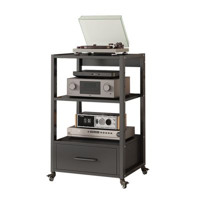 3-Tier Movable AV Media Stand Record Player Stand Entertainment Center Stereo Components Storage Cabinet Audio Rack with Height Adjustable Wooden Shelf and Drawer for Home/Office/Theater