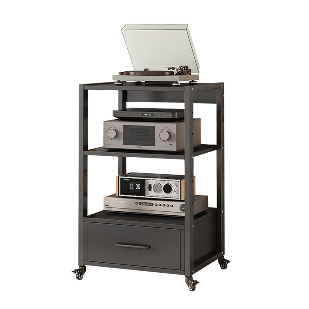 3-Tier Movable AV Media Stand Record Player Stand Entertainment Center Stereo Components Storage Cabinet Audio Rack with Height Adjustable Wooden Shelf and Drawer for Home/Office/Theater