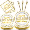 96Pcs Happy Golden Birthday Party Supplies White Gold Birthday Paper Plates Napkins Gold Glitter Birthday Dessert Party Tableware Set Golden Dinnerware for Women Men Birthday Party Decoration Serve 24 view 1