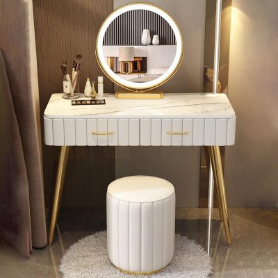 Snaweo Makeup Vanity Desk Set, Dressing Table with 360 Swivel 3 Colors Round Mirror, Vanity Desk with Cushioned Stool and 4 Large Drawers, Slate Tabletop, for Home Office (Size : White B80cm/31.5in
