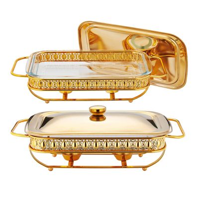 GFHVDC Chafing Dish Buffet Set Stainless Steel Oval Gold Chafing Dish Buffet Set 1.5 L x 2Pack Warmer Server with Fuel Holder Rectangles Food Warming Tray, for Parties Wedding Outdoor Banquet,Gold,1.