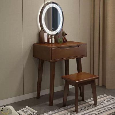 Snaweo Makeup Vanity Table, Dressing Table Set, Rubber Wood Vanity Desk with Drawers and Stool, 3 Lighting Modes Brightness Adjustable, for Bedroom Studio (Color : Brown, Size : 23.6"/60cm)