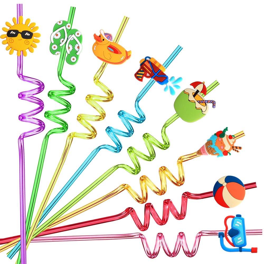 48 Summer Theme Drinking Straws for Kids, Pool Party Favors, Beach Party Favors for Kids Birthday, Summer Pool Party Decorations Supplies with 4 Cleaning Brushes