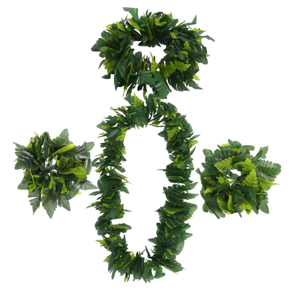 1 Set Green Hawaiian Garland with Lifelike Leaves Headband Necklace & Bracelets for Luau Party Beach Events & Summer Celebrations