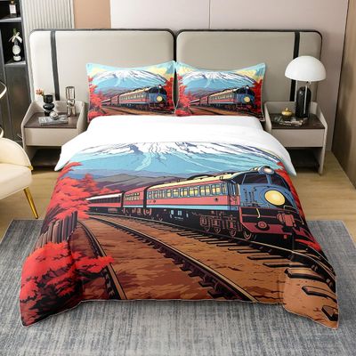 Retro Train Car Duvet Cover Snowy Mountain Bedding Set for Kids Teens Girls Room Decor Red Maple Leaf Comforter Cover Cartoon Japanese Style Quilt Cover Full Size,2 Pillowcases(No Comforter)