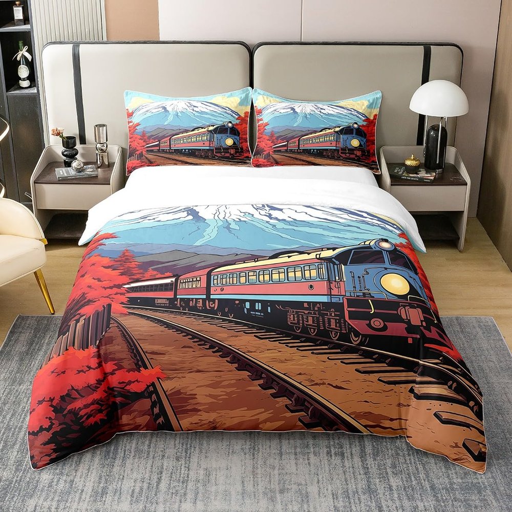 Retro Train Car Duvet Cover Snowy Mountain Bedding Set for Kids Teens Girls Room Decor Red Maple Leaf Comforter Cover Cartoon Japanese Style Quilt Cover Full Size,2 Pillowcases(No Comforter)