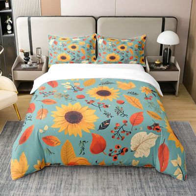 Sunflower 100% Organic Cotton Duvet Cover Queen Bedroom Decor Colorful Wild Plant Bedding Set Rustic Farmhouse Floral Comforter Cover Vintage Cyan Bed Sets with 2 Pillowcases Soft,No Comforter