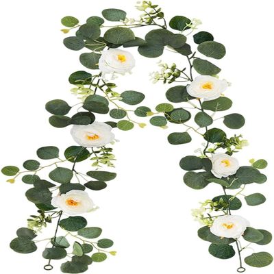 Artificial Eucalyptus Garland with Flowers Green Leaf Vines Fake Floral Vines Wedding Vine Floral Garland for Wedding Home Party Tabletop Decoration - 175CM