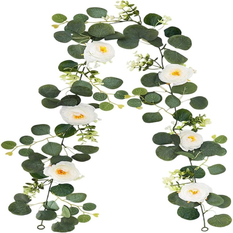 Artificial Eucalyptus Garland with Flowers Green Leaf Vines Fake Floral Vines Wedding Vine Floral Garland for Wedding Home Party Tabletop Decoration - 175CM
