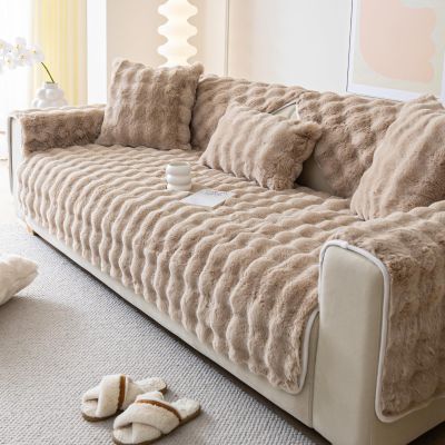 tianxinbaobei Faux Fur Sofa Cover, Rabbit Plush Couch Cover, Non-Slip Couch Covers Washable, Cosy Plush Sofa Slipcover, Furniture Protector for L Shaped(1pc/ Cream /36"x63")
