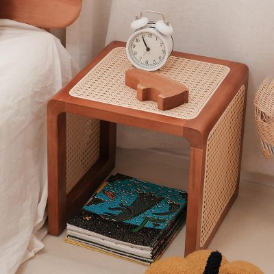Torzk Square Side Table, Solid Wood Rattan End Table Rectangle Nightstand Boho Bedside Tables Shoe Changing Stool for Small Spaces, Living Room Bedroom and Hallway (Color : Cherry)