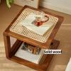 Torzk Square Side Table, Solid Wood Rattan End Table Rectangle Nightstand Boho Bedside Tables Shoe Changing Stool for Small Spaces, Living Room Bedroom and Hallway (Color : Cherry) view 3