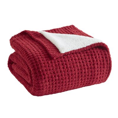 Madison Park Luxuriously Cozy Chenille Throw Blanket Waffle Weave Reversible Soft & Warm Sherpa Throw, Lightweight, Breathable Waffle Throw, Farmhouse Room Dcor Summer Blanket, 50x60, Red