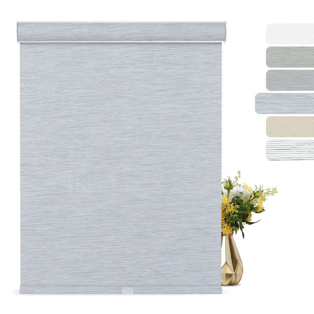 BERISSA Blackout Roller Shades for Windows Cordless with Cassette Valance, Striped Jacquard Fabric Roller Window Blinds UV Protection Thermal Insulation for Bedroom Home Office, Blue Gray,67"W x 60"H