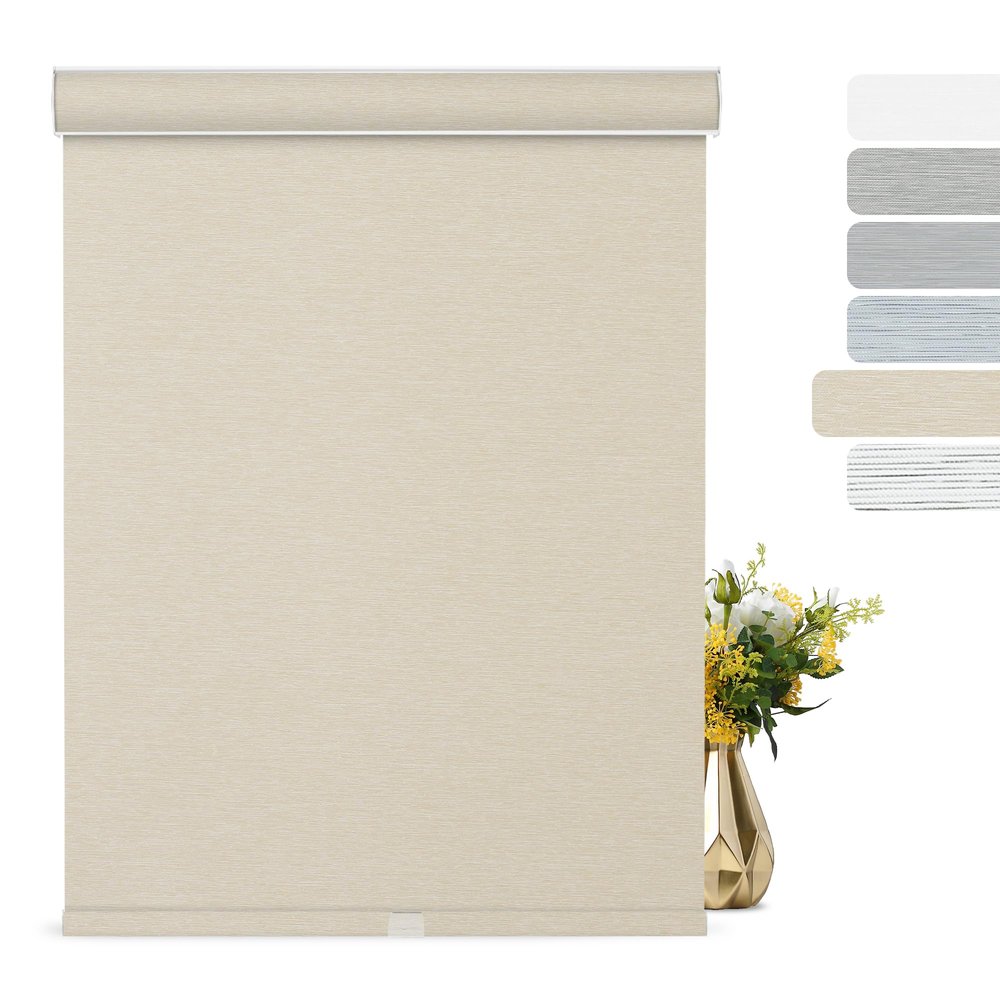BERISSA Blackout Roller Shades for Windows Cordless with Cassette Valance, Striped Jacquard Fabric Roller Window Blinds UV Protection Thermal Insulation for Bedroom Home Office, Beige,79" W x 52" H