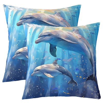 Feelyou Dolphin Throw Pillow Covers 22"x22" Set of 2 Cute Ocean Animal Decorative Pillowcase for Sofa Couch Sea Creatures Cushion Cover Underwater Animal Outdoor Pillows Covers Jumping Dolphins