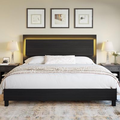 AMERLIFE Wood Queen Bed Frame with 47" Headboard, Rustic Platform Bed with LED Lights, Mattress Foundation with Wooden Slats Support, No Box Spring Needed/Noise Free, Black
