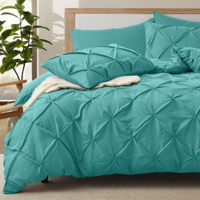 VACVELT 5 Piece Pinch Pleated Duvet Cover California King Size Set, Teal Pintuck Duvet Cover with Zipper & 8 Ties, Soft Microfiber Duvet Cover + 2 Pillow Shams + 2 Pillowcases, No Comforter