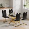 5 Piece Glass Dining Table Table Set,Glass Dining Table Set for 4,Modern Glass Kitchen Table and 4 PU Dining Chairs,Glass Dining Room Table Set for Living Room (51'' Gold Table,4 Black PU Chairs) view 1