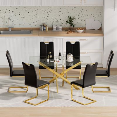 7 Piece Glass Dining Table Table Set,Glass Dining Table Set for 6,Modern Glass Kitchen Table and 6 PU Dining Chairs,Glass Dining Room Table Set for Living Room (63'' Gold Table,6 Black PU Chairs)