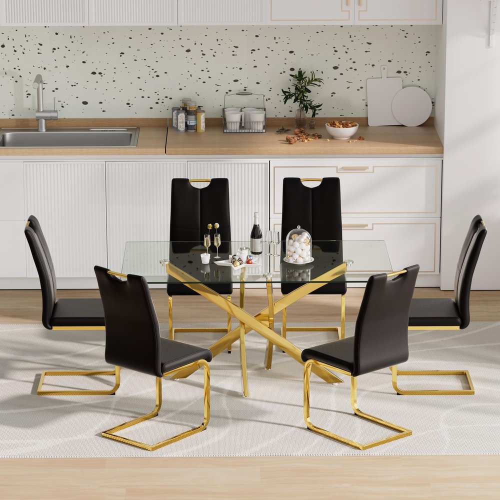 7 Piece Glass Dining Table Table Set,Glass Dining Table Set for 6,Modern Glass Kitchen Table and 6 PU Dining Chairs,Glass Dining Room Table Set for Living Room (63'' Gold Table,6 Black PU Chairs)
