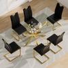 7 Piece Glass Dining Table Table Set,Glass Dining Table Set for 6,Modern Glass Kitchen Table and 6 PU Dining Chairs,Glass Dining Room Table Set for Living Room (63'' Gold Table,6 Black PU Chairs) view 2