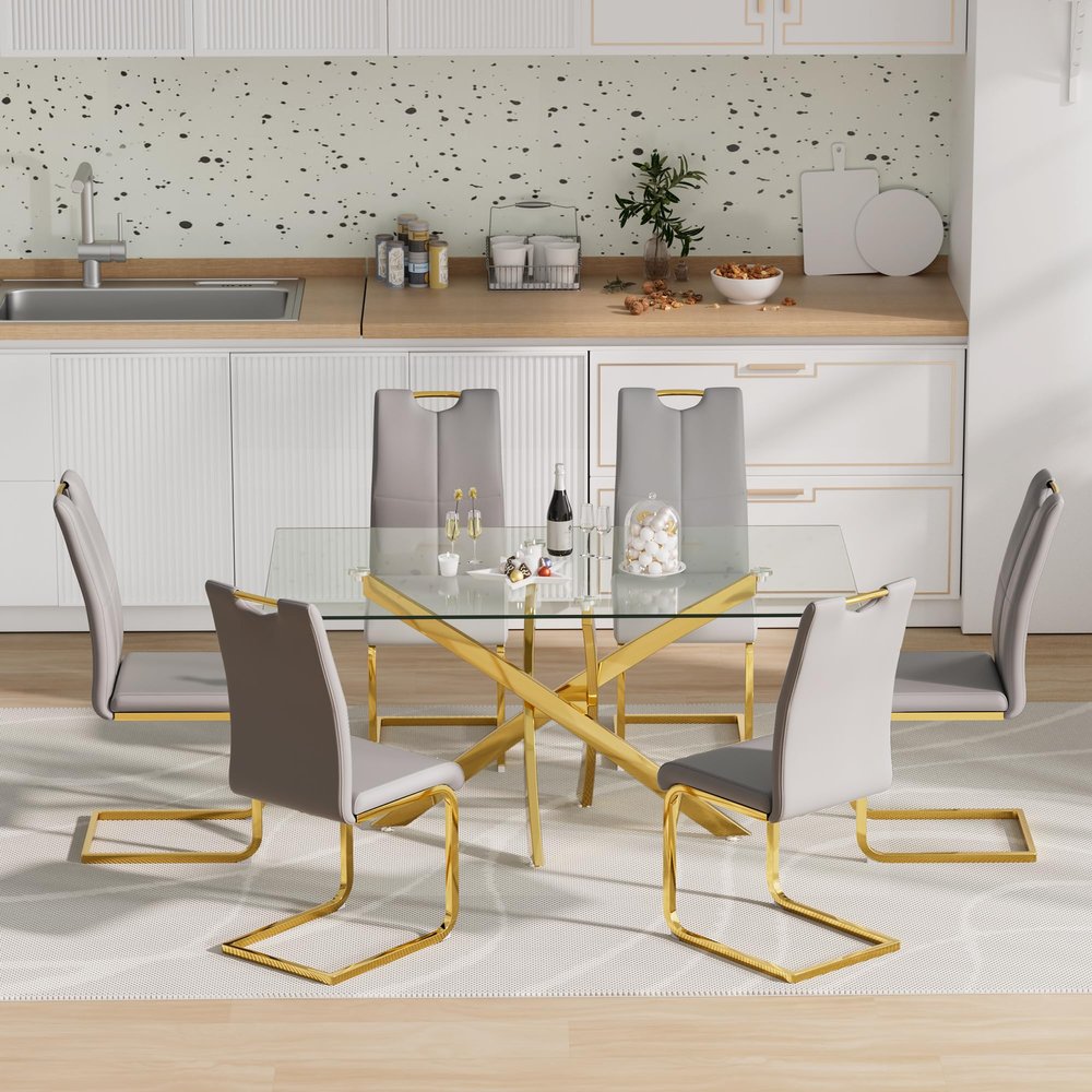 7 Piece Glass Dining Table Table Set,Glass Dining Table Set for 6,Modern Glass Kitchen Table and 6 PU Dining Chairs,Glass Dining Room Table Set for Living Room (63'' Gold Table,6 Grey PU Chairs)