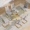7 Piece Glass Dining Table Table Set,Glass Dining Table Set for 6,Modern Glass Kitchen Table and 6 PU Dining Chairs,Glass Dining Room Table Set for Living Room (63'' Gold Table,6 Grey PU Chairs) view 2