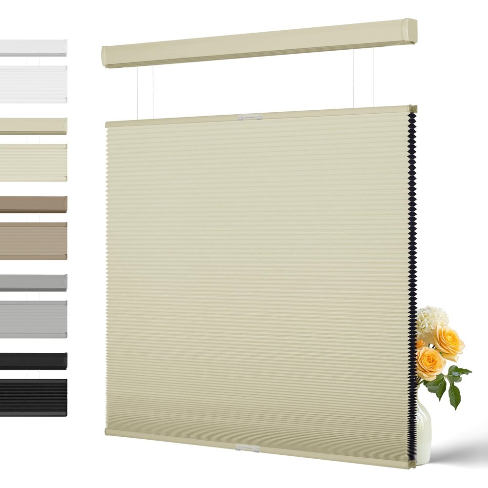 BERISSA Top Down Bottom Up Blackout Cellular Shades,Free-Stop Cordless Honeycomb Blinds for Windows,Window Blinds with Thermal Insulated UV Protection. Easy to Install. Beige. 16" W x 56" H