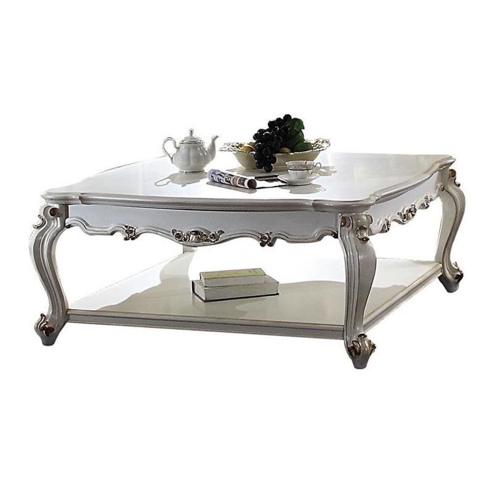 BOWERY HILL Square Wooden Coffee Table with Bottom Shelf in Antique Pearl