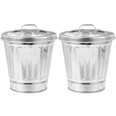 Ciieeo 2pcs Galvanized Iron Trash Can Lid Storage Small Desk Top Trash Bucket Countertop Garbage Holder Office