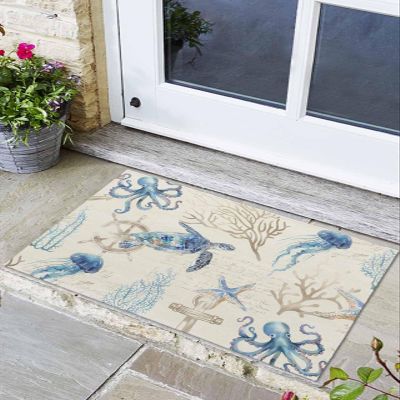 Bathroom Rugs,Watercolor Marine Life Turtle Octopus Kitchen Rug Non-Slip Rubber Backing Doormat,Nautical Coral Anchor Starfish Absorbent Bath Mat Washable Floor Mats for Bedroom Entryway 18x30in