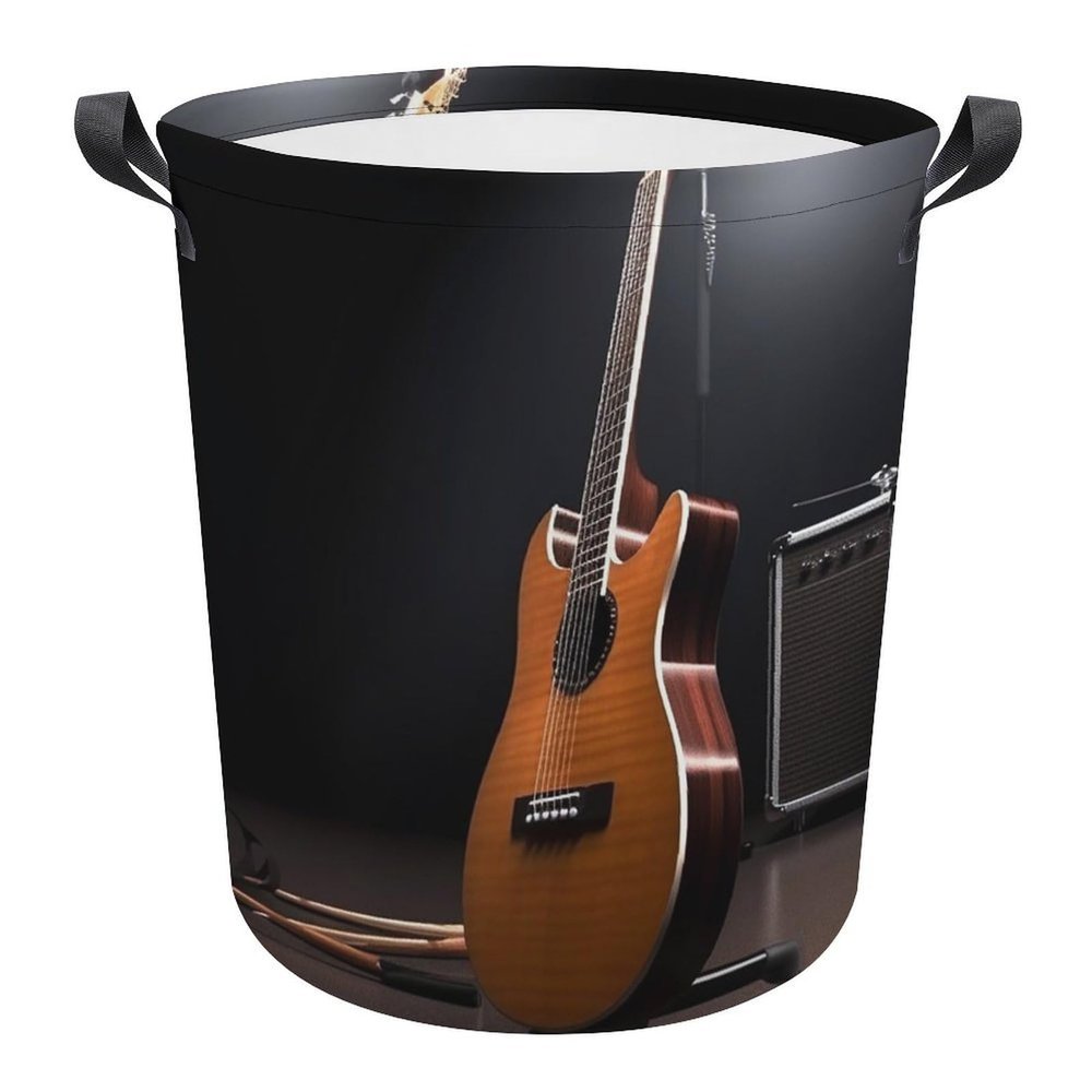 Laundry Hamper Large Laundry Basket Round Laundry Hampers with Handles Musical Instrument Guitar Dirty Clothes Hamper Storage Basket for Family Bedroom Decoration