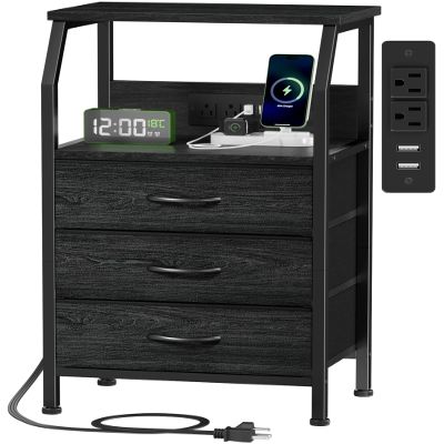 Furnulem Night Stand with Charging Station, 28.3 Inch Tall Side Table with Fabric Drawers and Storage Shelf, Bedside Table with USB Ports & Outlets, Nightstand for Bedroom, 3 Ways to Use, Black Oak