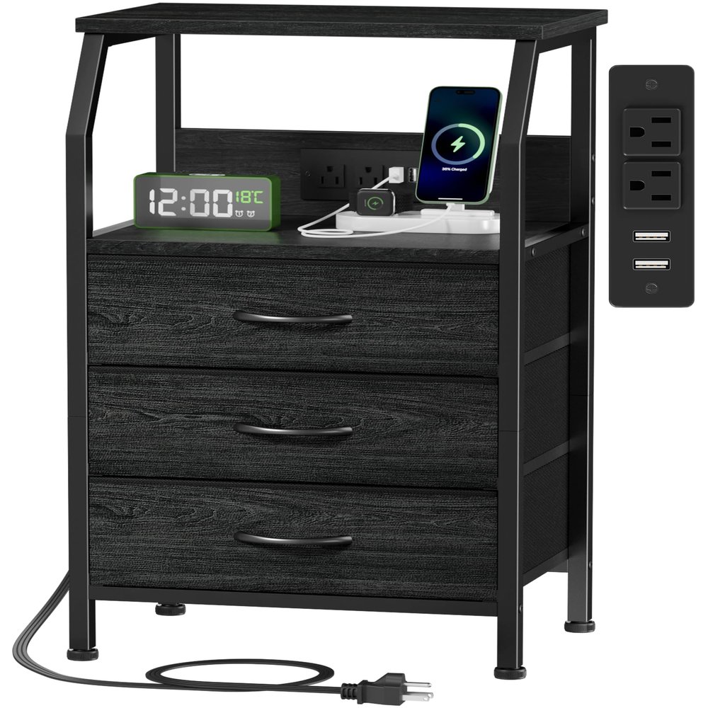 Furnulem Night Stand with Charging Station, 28.3 Inch Tall Side Table with Fabric Drawers and Storage Shelf, Bedside Table with USB Ports & Outlets, Nightstand for Bedroom, 3 Ways to Use, Black Oak
