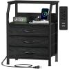 Furnulem Night Stand with Charging Station, 28.3 Inch Tall Side Table with Fabric Drawers and Storage Shelf, Bedside Table with USB Ports & Outlets, Nightstand for Bedroom, 3 Ways to Use, Black Oak view 1