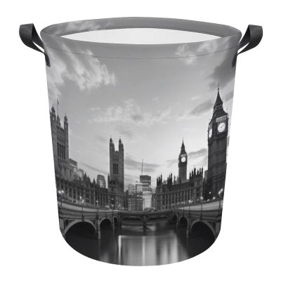 Laundry Hamper Large Laundry Basket Round Laundry Hampers with Handles Black White Tall Building Dirty Clothes Hamper Storage Basket for Family Bedroom Decoration