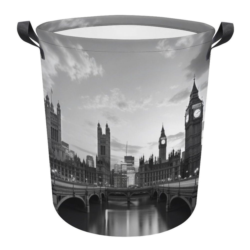 Laundry Hamper Large Laundry Basket Round Laundry Hampers with Handles Black White Tall Building Dirty Clothes Hamper Storage Basket for Family Bedroom Decoration