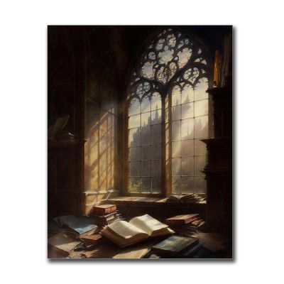 SENLYCH Poster Wall Art Picture Victorian Window Library Vintage Painting Book Wall Decor Bedroom and Kitchen Office Wall Decoration 8x12inch Wood Frame