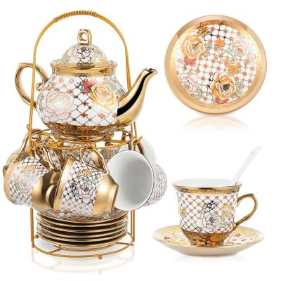 Zhehao 20 Pcs Porcelain Tea Set with Metal Holder and Spoon Adult Ceramic Tea Set European Flower Painting Teapot Cup Saucer Spoon for Women, Large Version(Delicate Style)