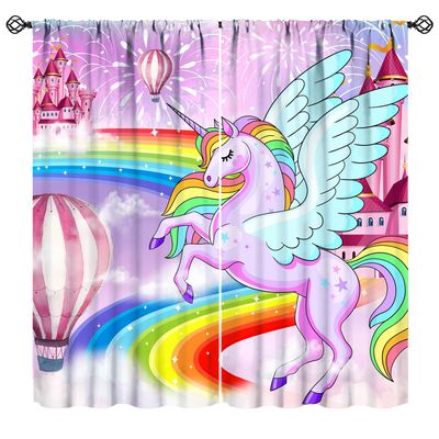 JanJCurt Unicorn Girls Curtains, Pink Princess Magic Castle Rainbow Hot Air Balloon Fantasy Fairy Tale Purple Fireworks Print Window Curtains for Kids Bedroom Living Room 72" W X 63" L