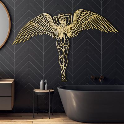 Angel Metal Wall Art, Large Angel Wings Wall Decor, Guardian Angel Art, Metal Angel Wings Wall Art, Angel Wings Wall Hanging, Home Decor Artwork, Housewarming Gift (53 x 36 inch | 135 x 91 cm, Gold)