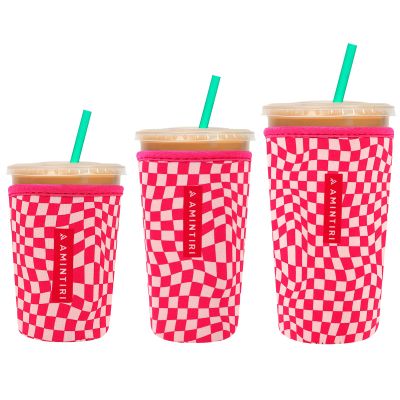 3 Pack Reusable Neoprene Sleeve for Iced & Hot Drinks, Compatible with Starbucks & Dunkin' Coffee Cup. (Pink Checkerboard)