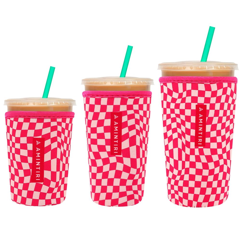 3 Pack Reusable Neoprene Sleeve for Iced & Hot Drinks, Compatible with Starbucks & Dunkin' Coffee Cup. (Pink Checkerboard)