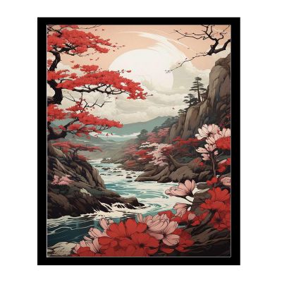 Canvas Painting Poster and Print Japanese Wall Art Japanese Maple Tree Japanese Art Red Maples Above A Calm Stream Modern Art Decoration for Living Room Bedroom and Office 8x12inch Solid Wood Frame