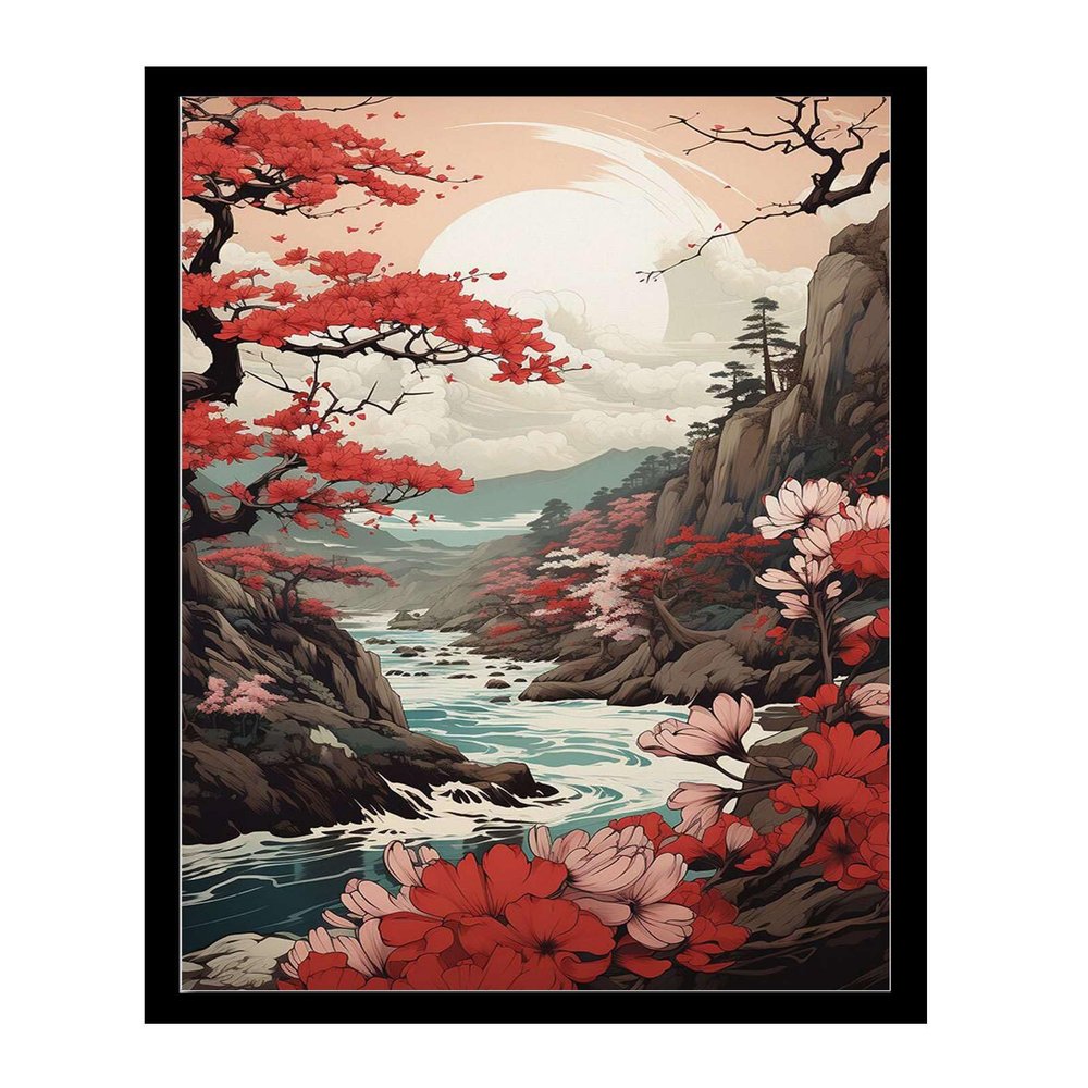 Canvas Painting Poster and Print Japanese Wall Art Japanese Maple Tree Japanese Art Red Maples Above A Calm Stream Modern Art Decoration for Living Room Bedroom and Office 8x12inch Solid Wood Frame