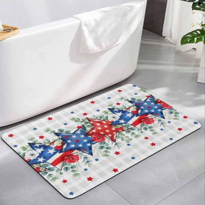 4th of July Bath Mat for Tub,Non Slip Bathroom Floor Runner Rug Quick Dry & Absorbent Diatomaceous Earth Shower Sink Bedroom Kitchen Living Room Doormat 20"x32" American Flag Stars Eucalyptus Plaid